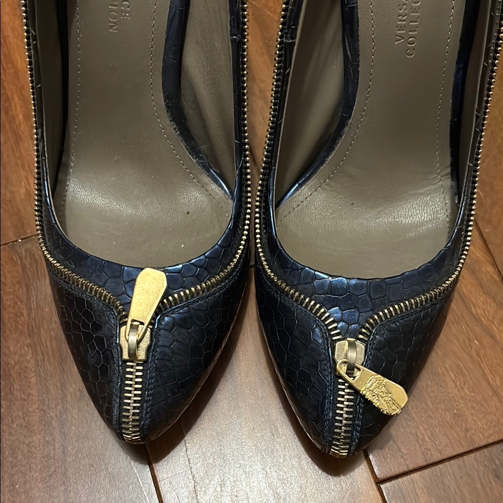 Versace Collection Blue and Gold High Heels with Zipper Detail